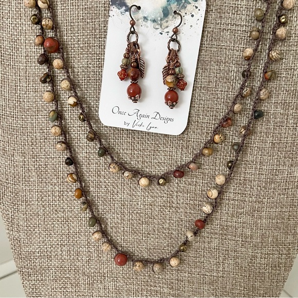 ARTISAN Necklace Jasper Mix on Chocolate Long Crocheted Wrap and Earrings Set - Picture 3 of 15
